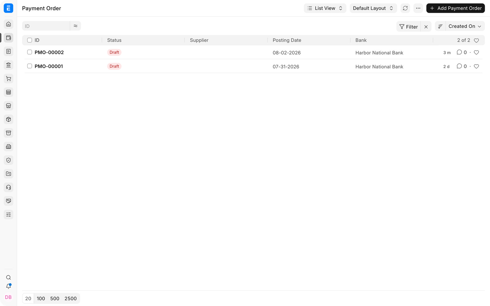 The Payment Order list containing a draft payment run for Nova Electronics Trading.