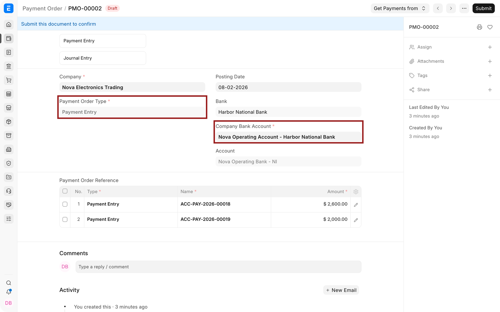 The Payment Order Type and Company Bank Account highlighted on the payment run.