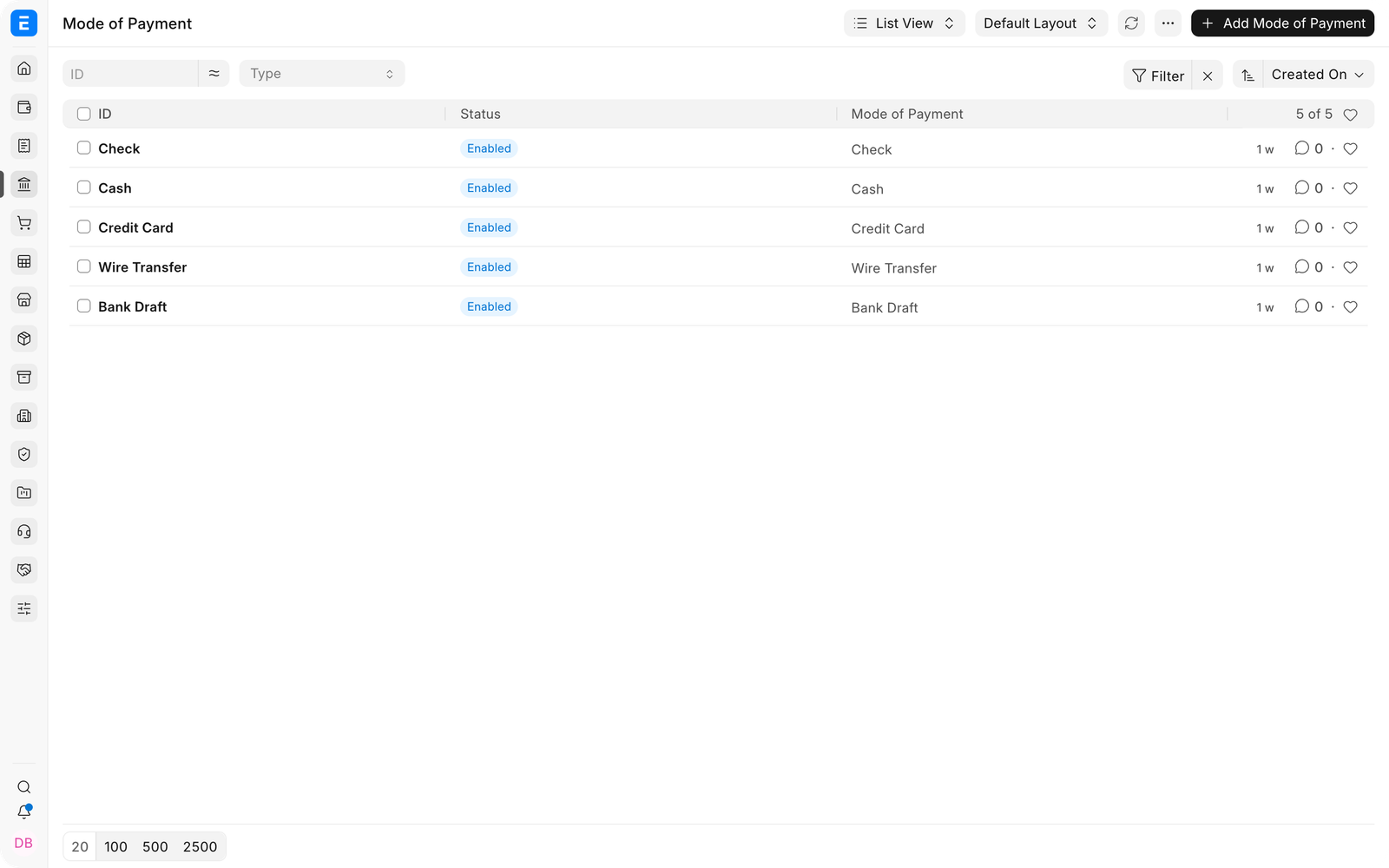 Mode of Payment list in EnigmaERP