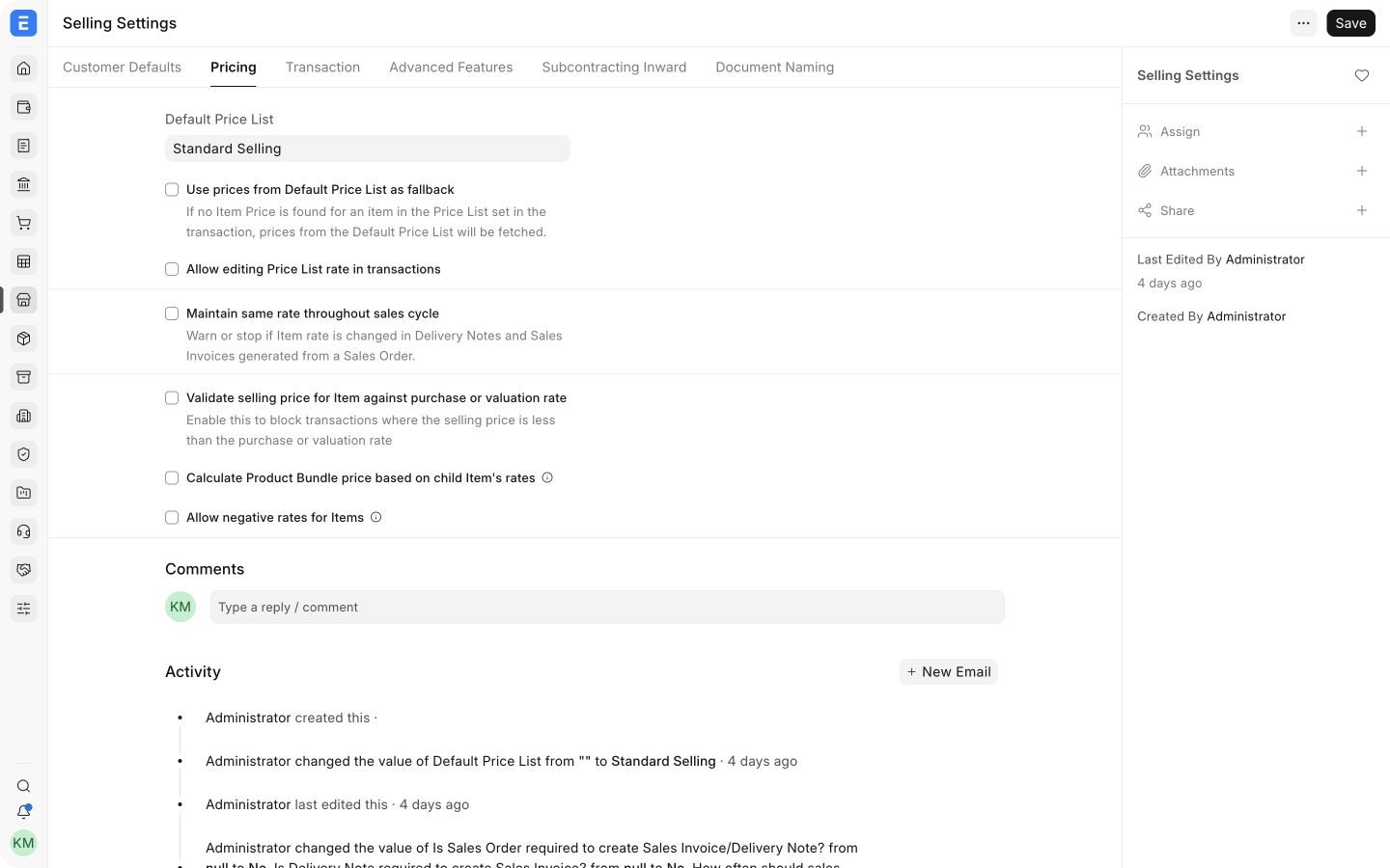 Pricing tab in EnigmaERP Selling Settings