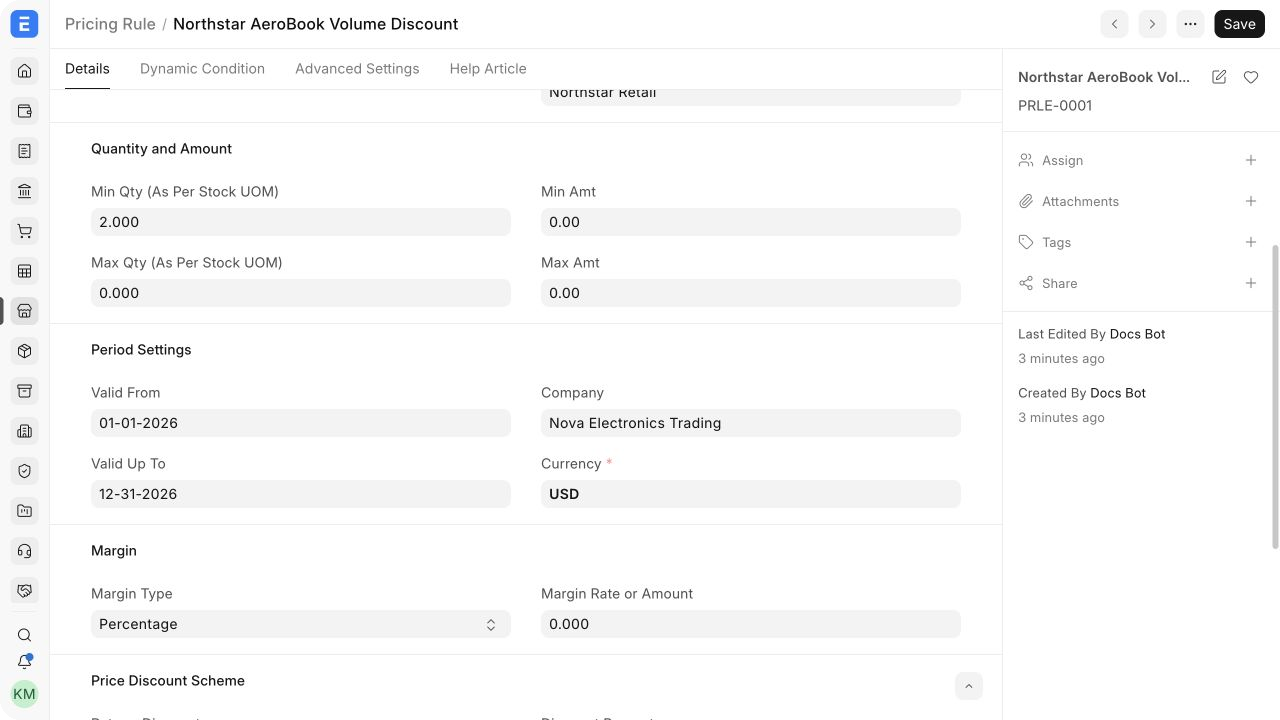 Pricing Rule quantity and period settings in EnigmaERP