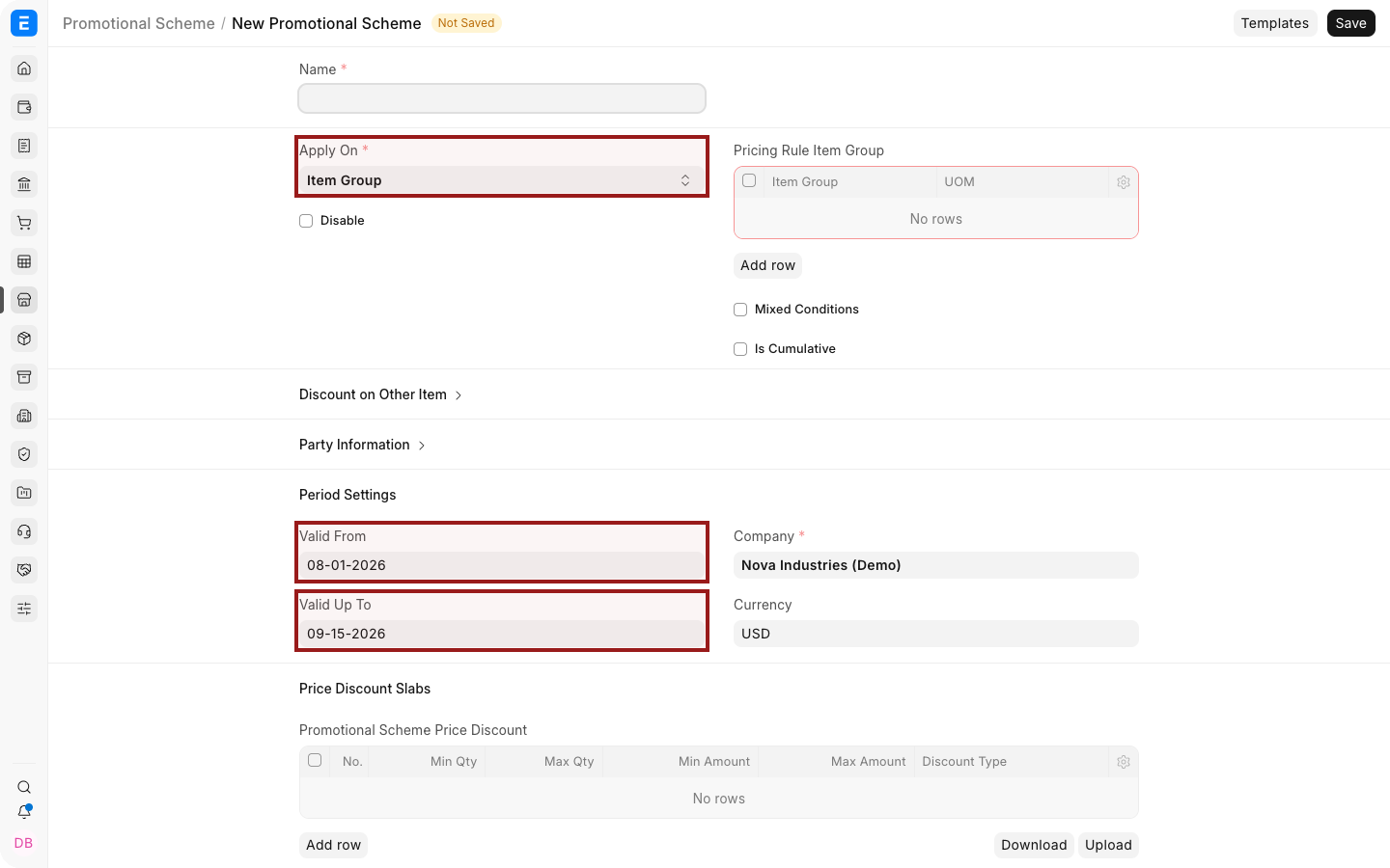 An EnigmaERP Promotional Scheme with applicability and party settings.