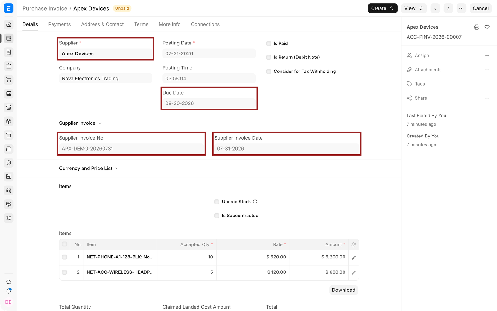Supplier, bill reference, and due date on a Purchase Invoice