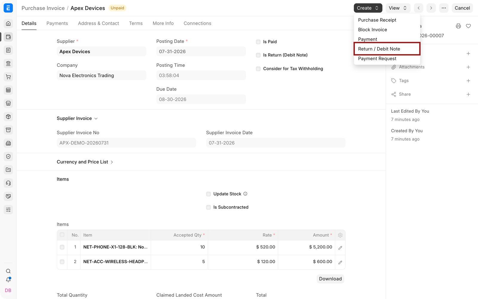 Return or Debit Note action on a submitted Purchase Invoice