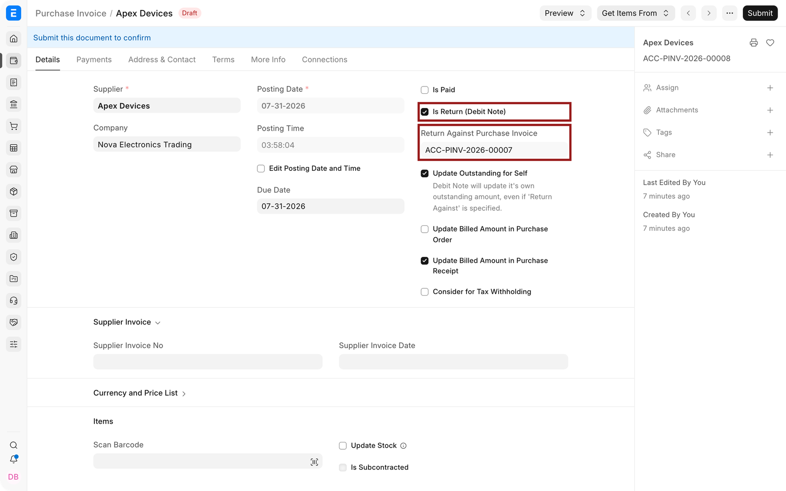 Debit Note return setting and original Purchase Invoice reference