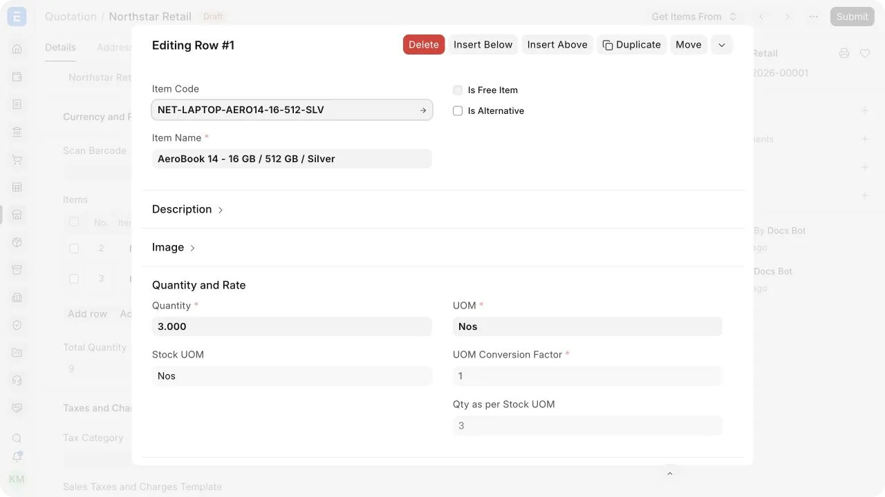 The Quotation item row with item details, quantity, UOM, rate, and alternative-item settings.