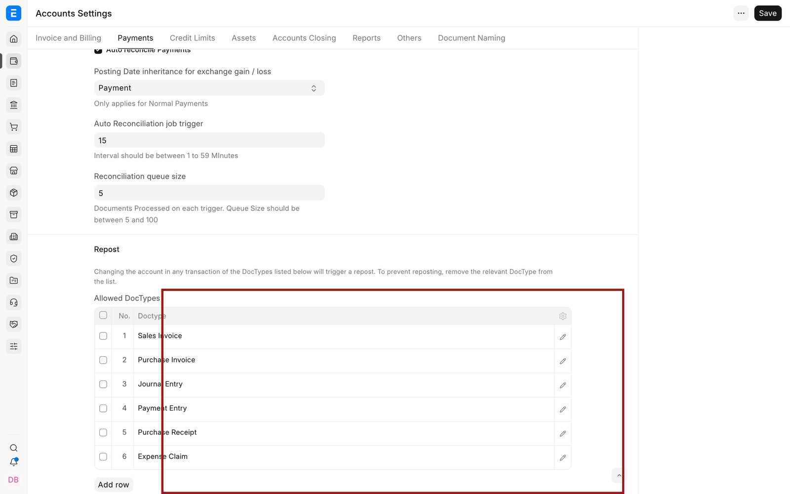 Allowed DocTypes in the Repost section of EnigmaERP Accounts Settings