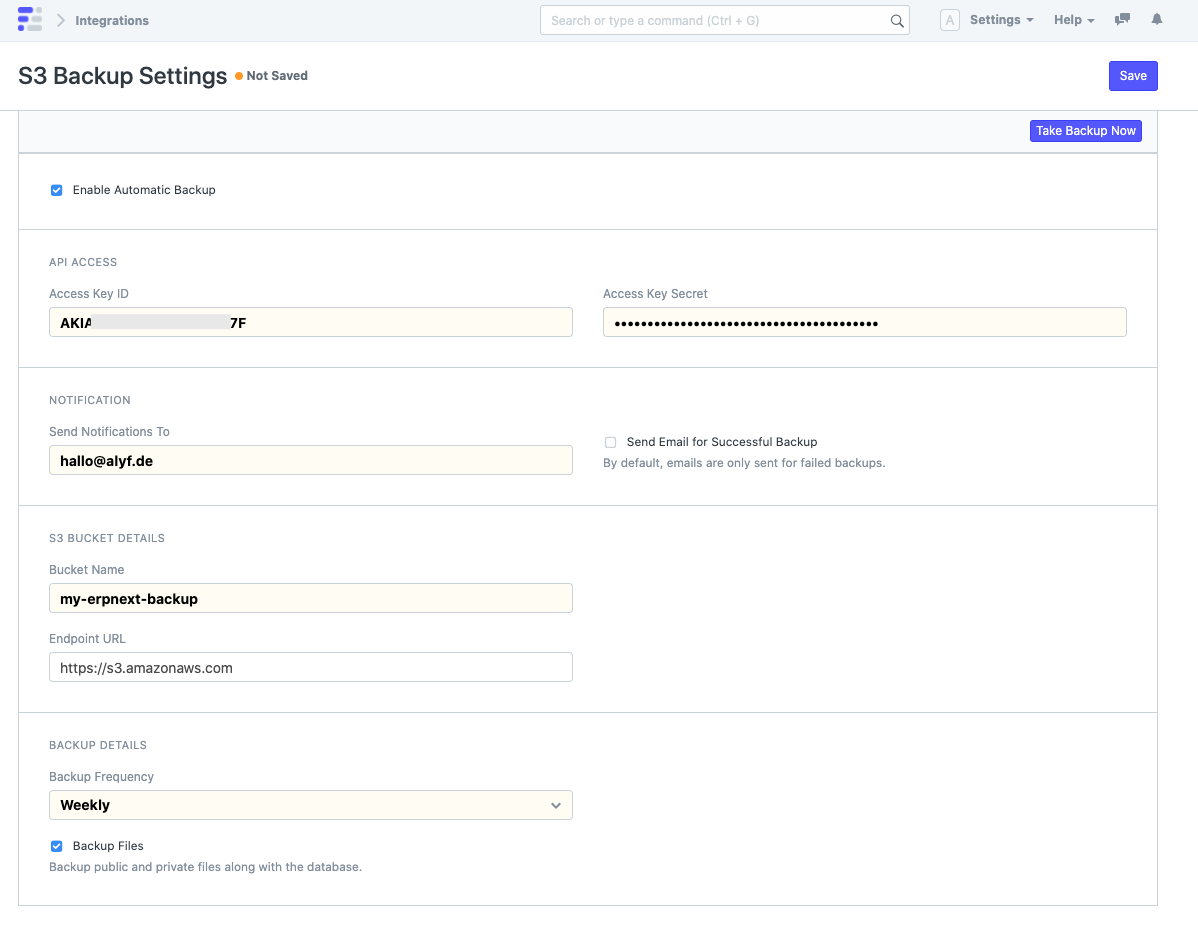 S3 Backup Settings in EnigmaERP