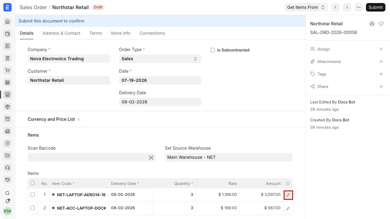 A draft Sales Order for Northstar Retail showing two item rows, with the pencil icon highlighted for opening the row editor.