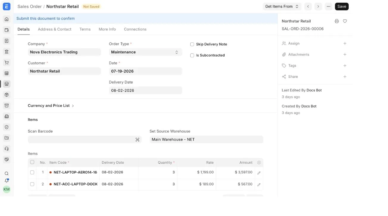 A full-screen Maintenance Sales Order showing the Skip Delivery Note checkbox beside Order Type.