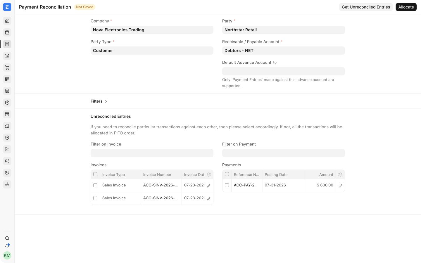 Payment Reconciliation with open Sales Invoices and an unallocated customer payment