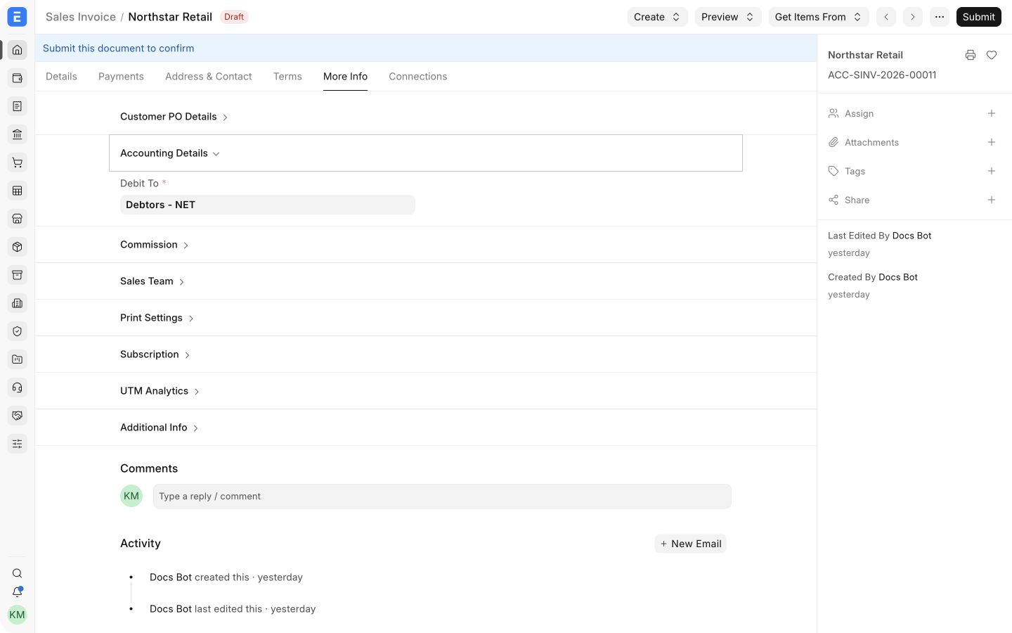Sales Invoice accounting details showing the shared Debit To receivable account
