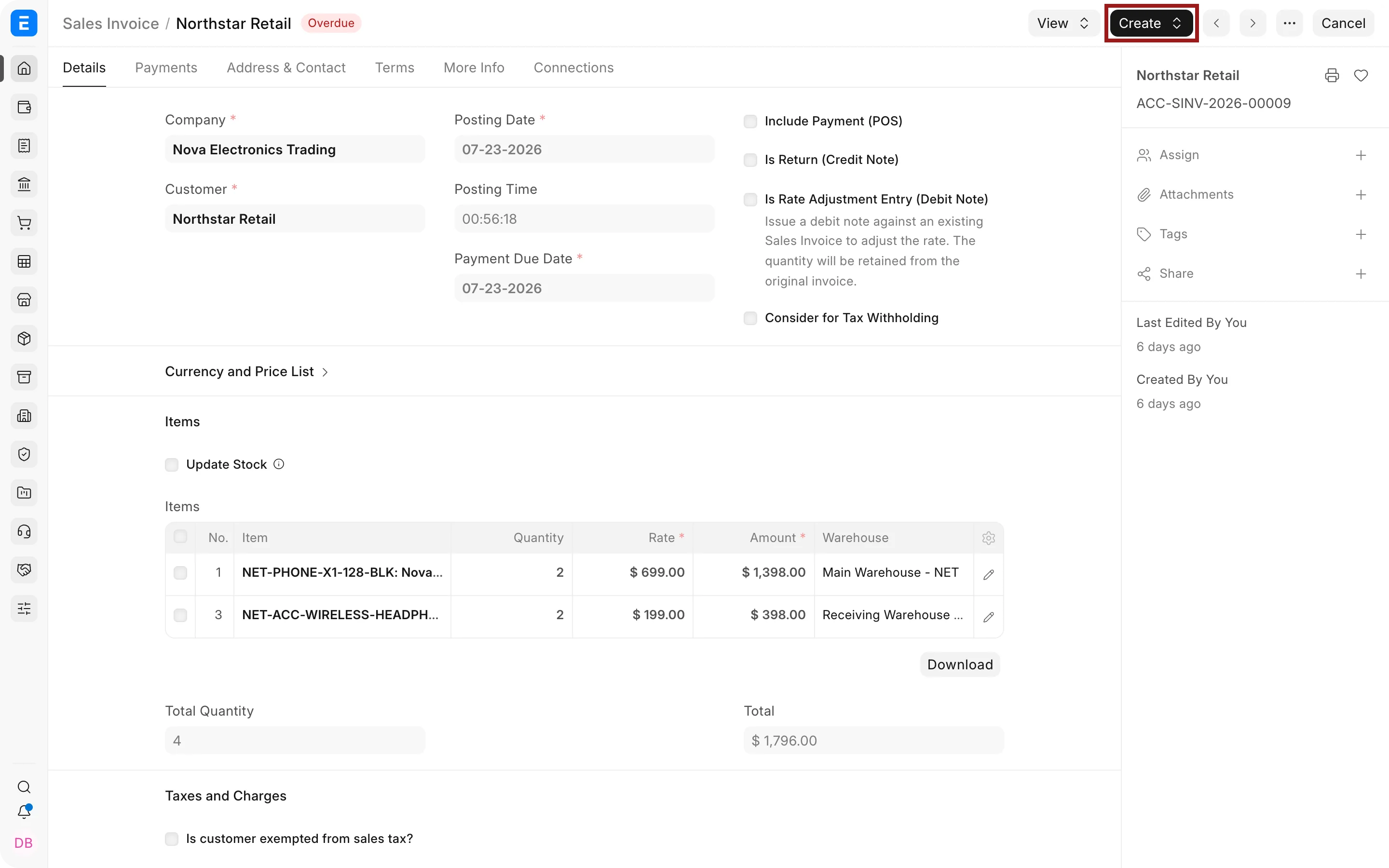 Submitted Sales Invoice with the Create button highlighted.