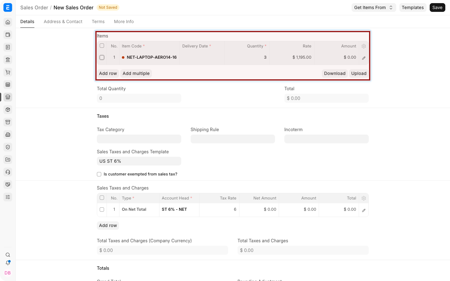 The Sales Order Items table where the transaction UOM is selected.