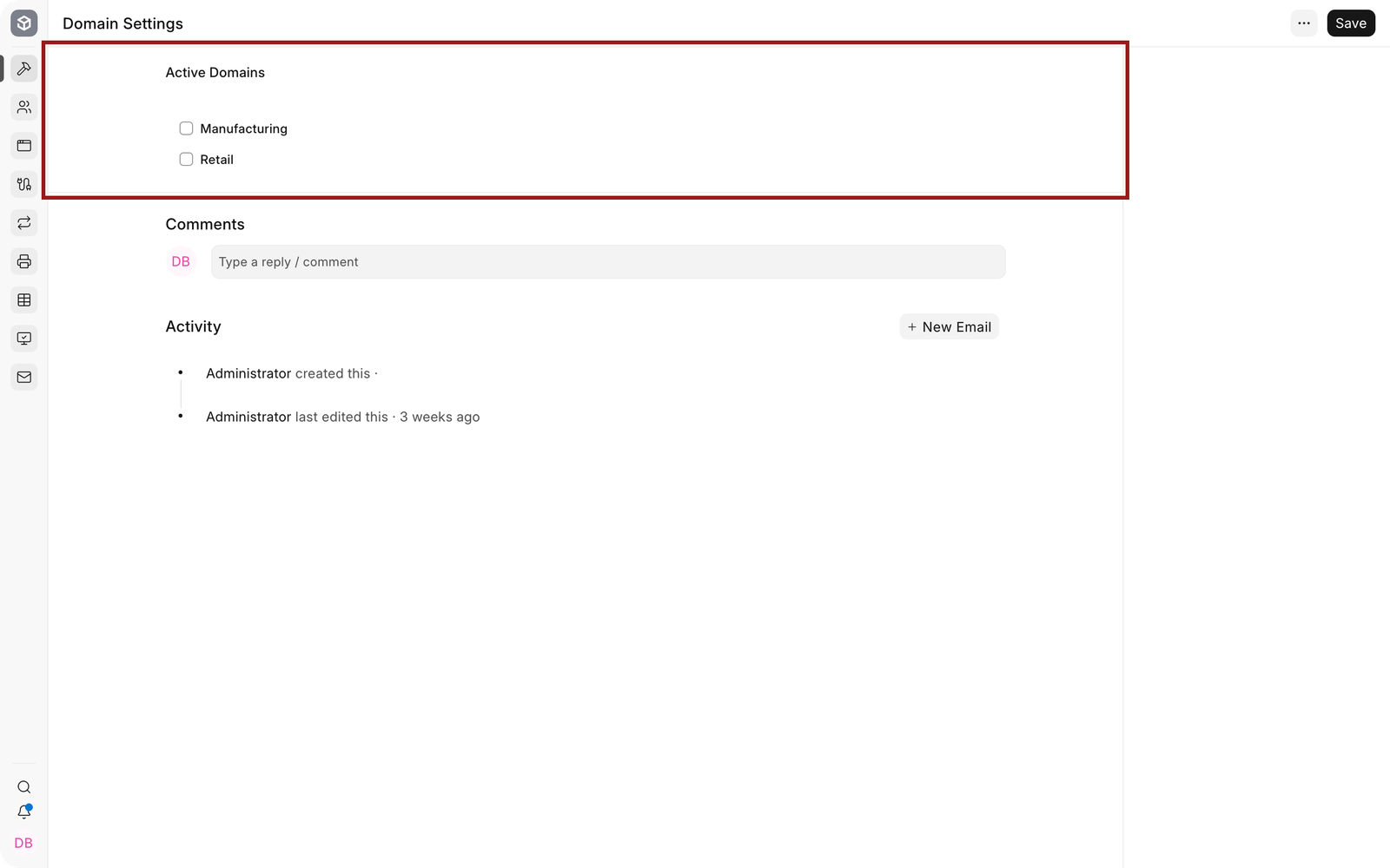 Active Domains area in EnigmaERP Domain Settings