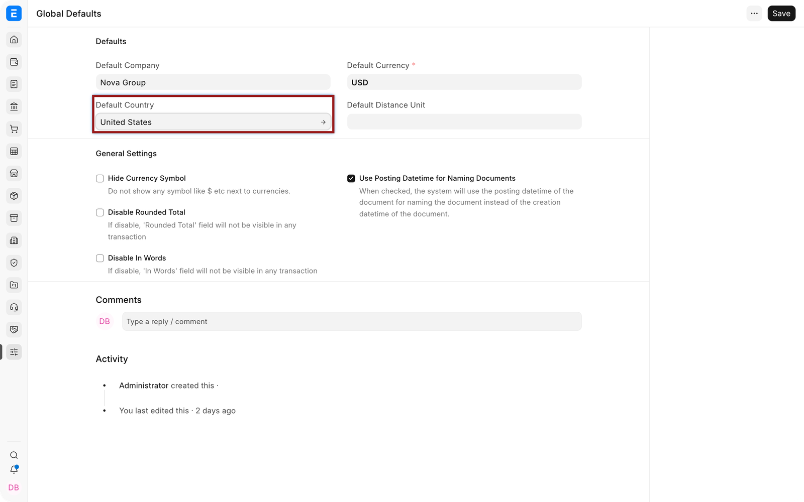 Default Country in EnigmaERP Global Defaults