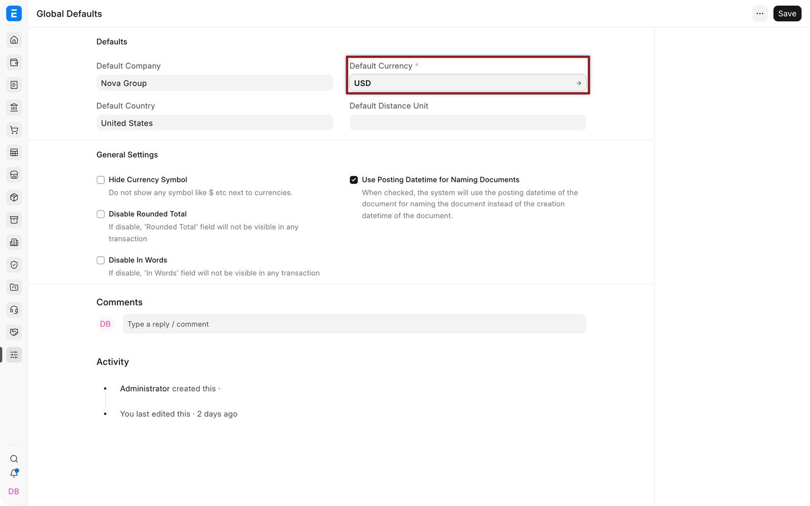 Default Currency in EnigmaERP Global Defaults