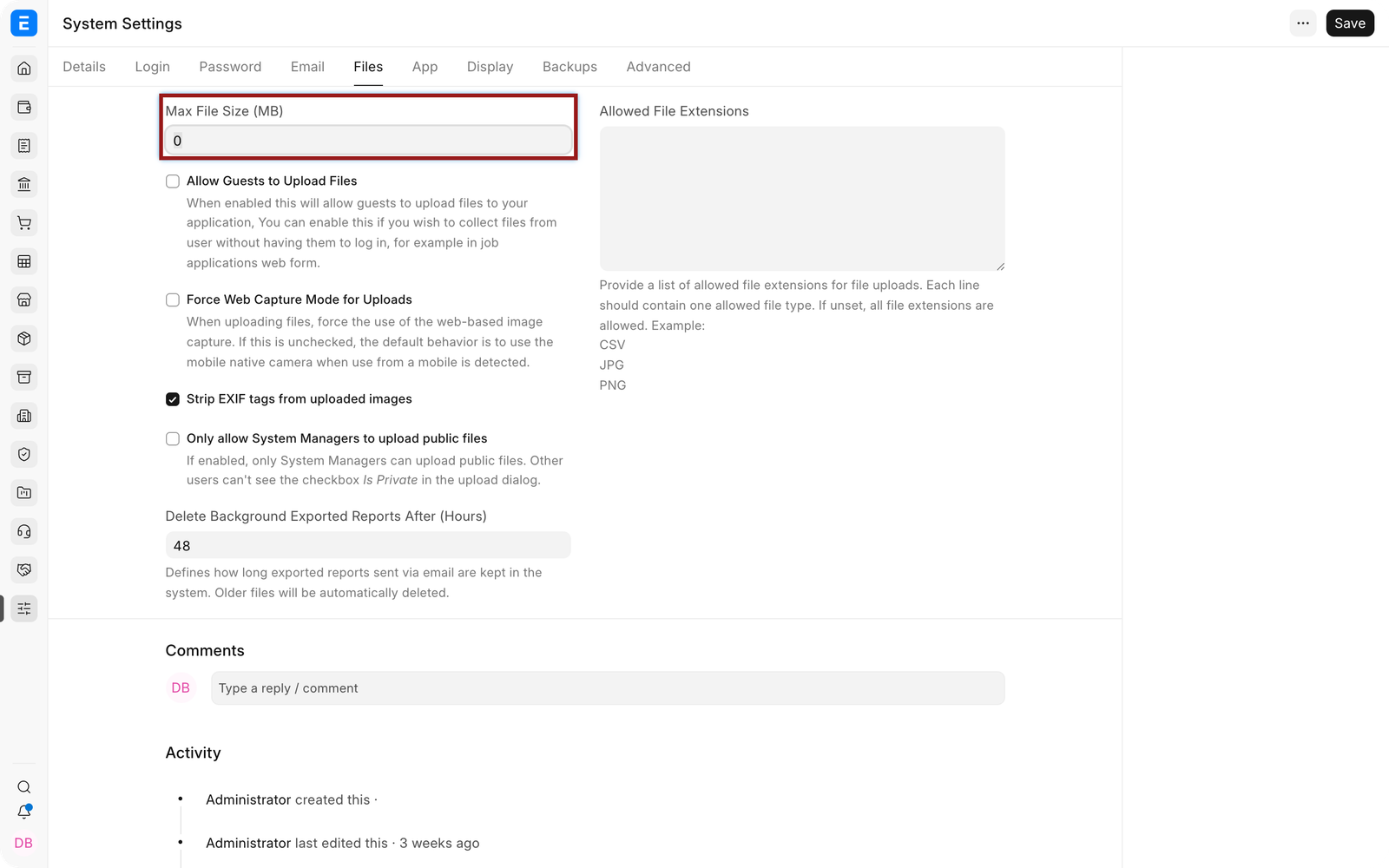 File upload controls in EnigmaERP System Settings