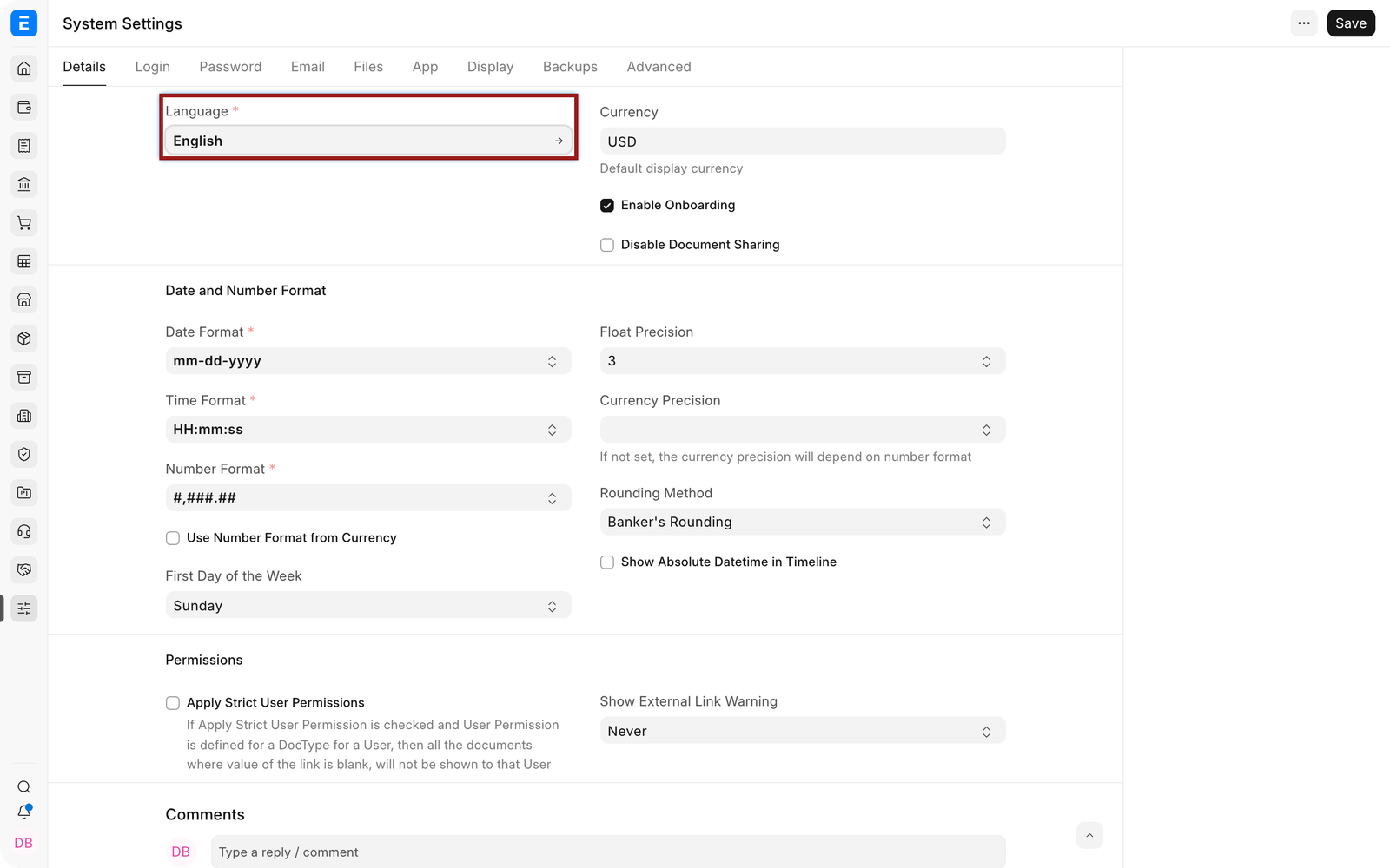 Default Language in EnigmaERP System Settings