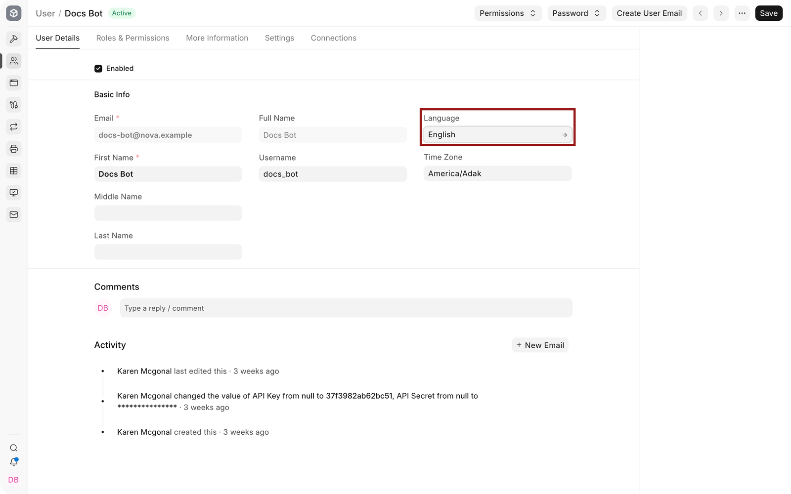 Language field on an EnigmaERP User record