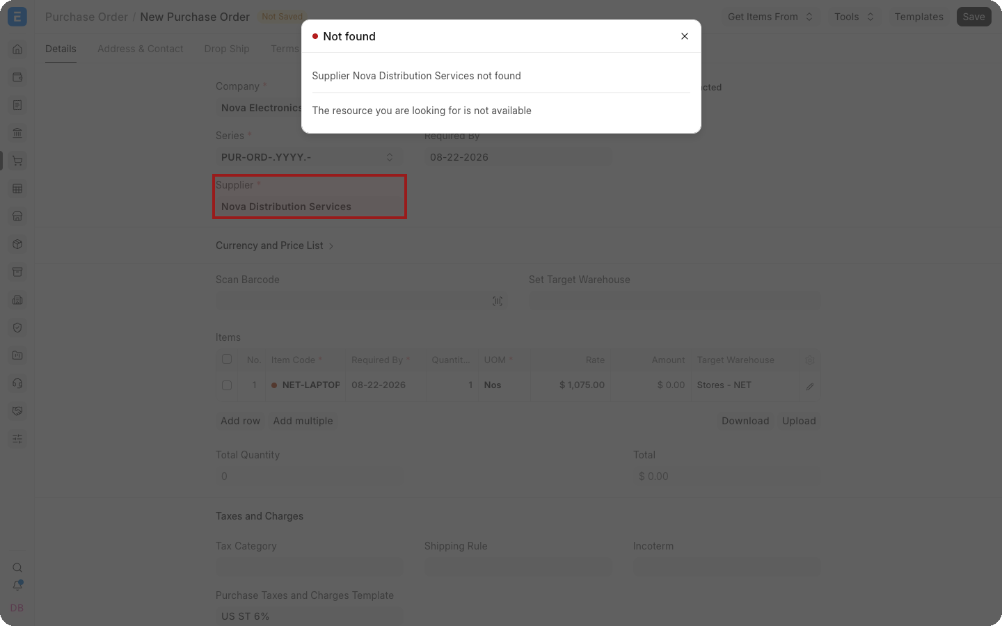 A Purchase Order created for an internal Supplier with the Customer delivery address.