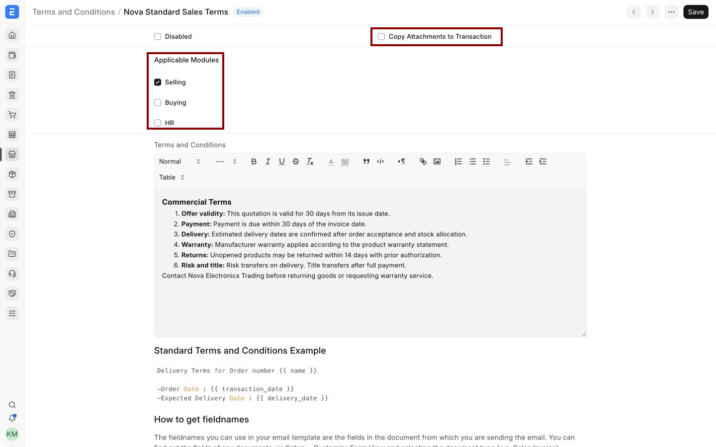 EnigmaERP Terms and Conditions template with module and attachment controls highlighted
