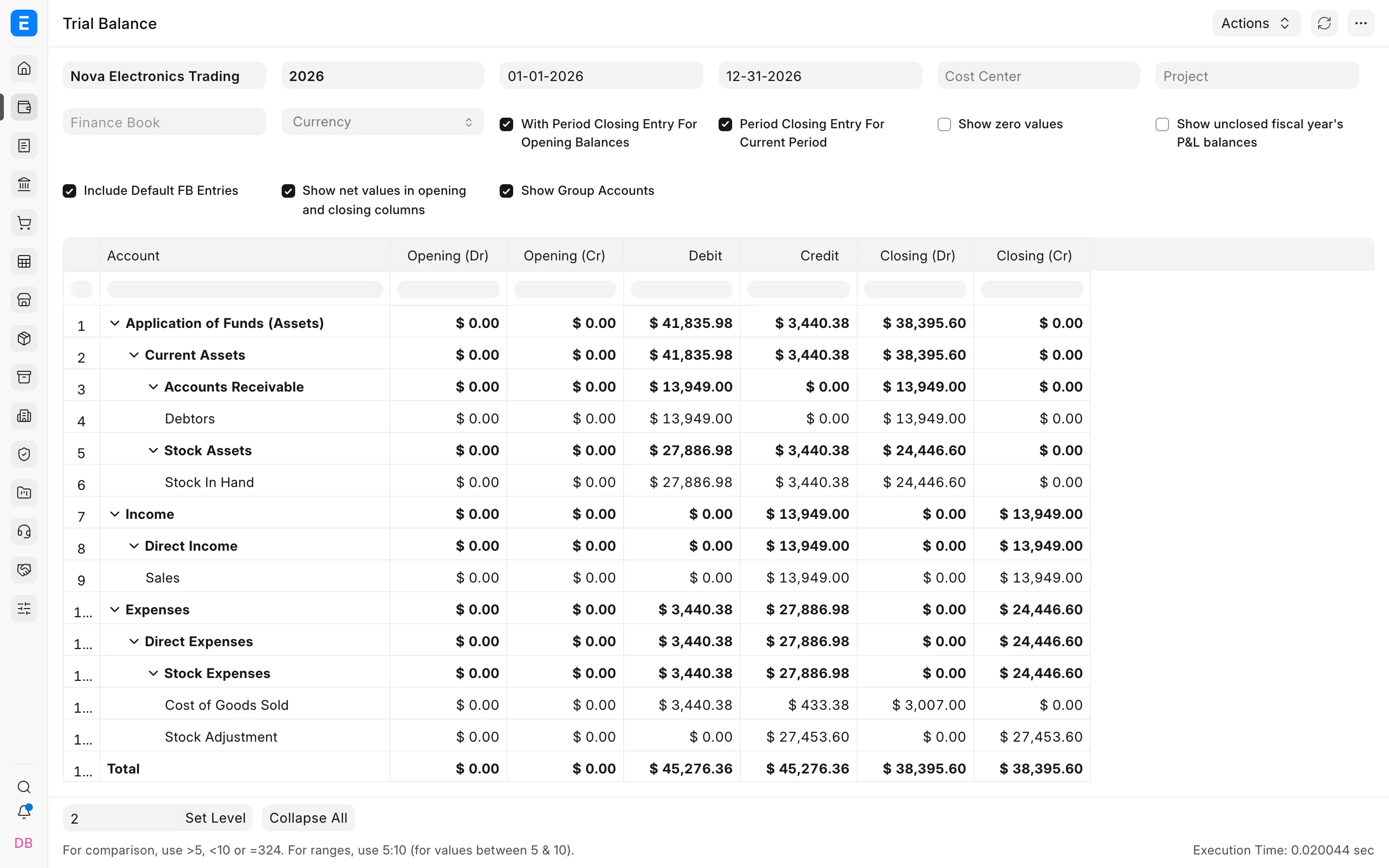 Trial Balance used to validate the migrated balances