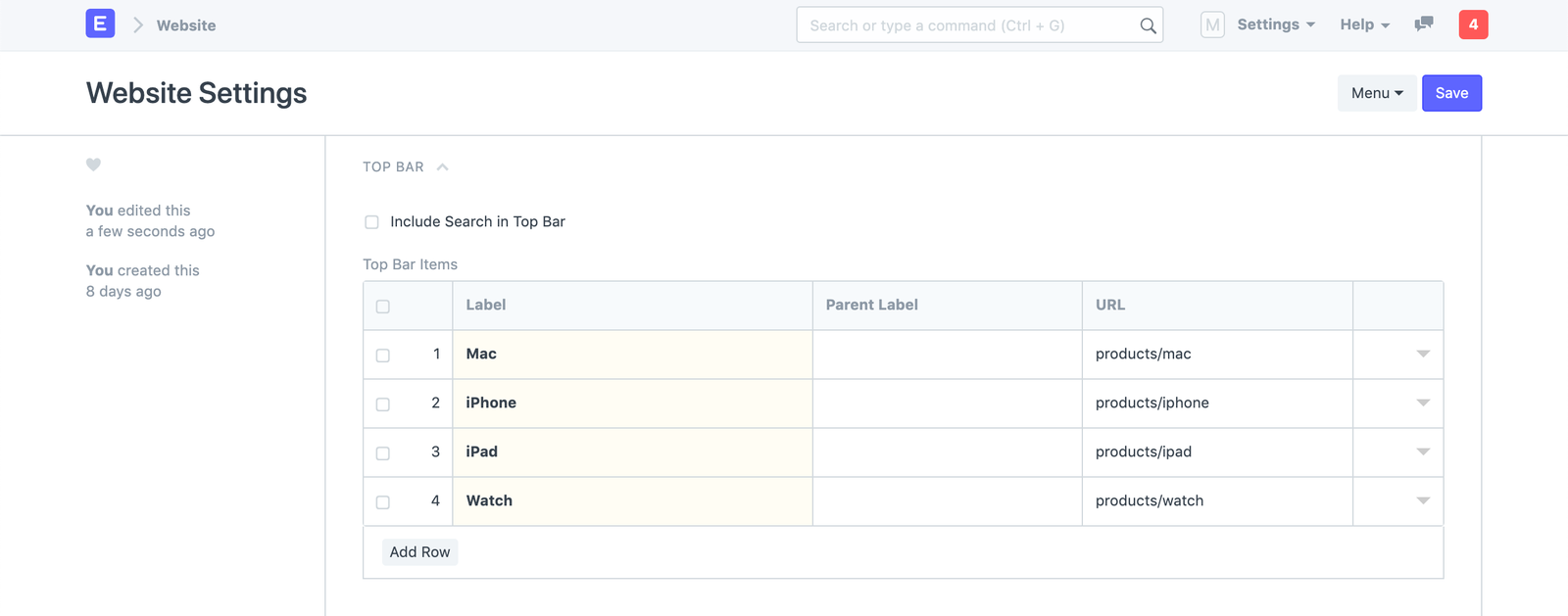 Website Setting - Top Bar